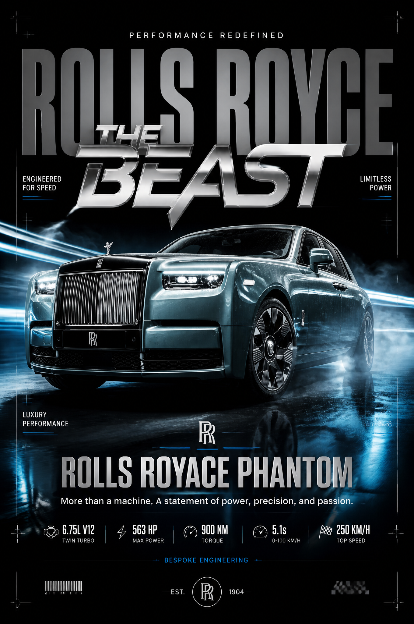 Ultra-premium automotive advertising poster on a dark cinematic backgro…