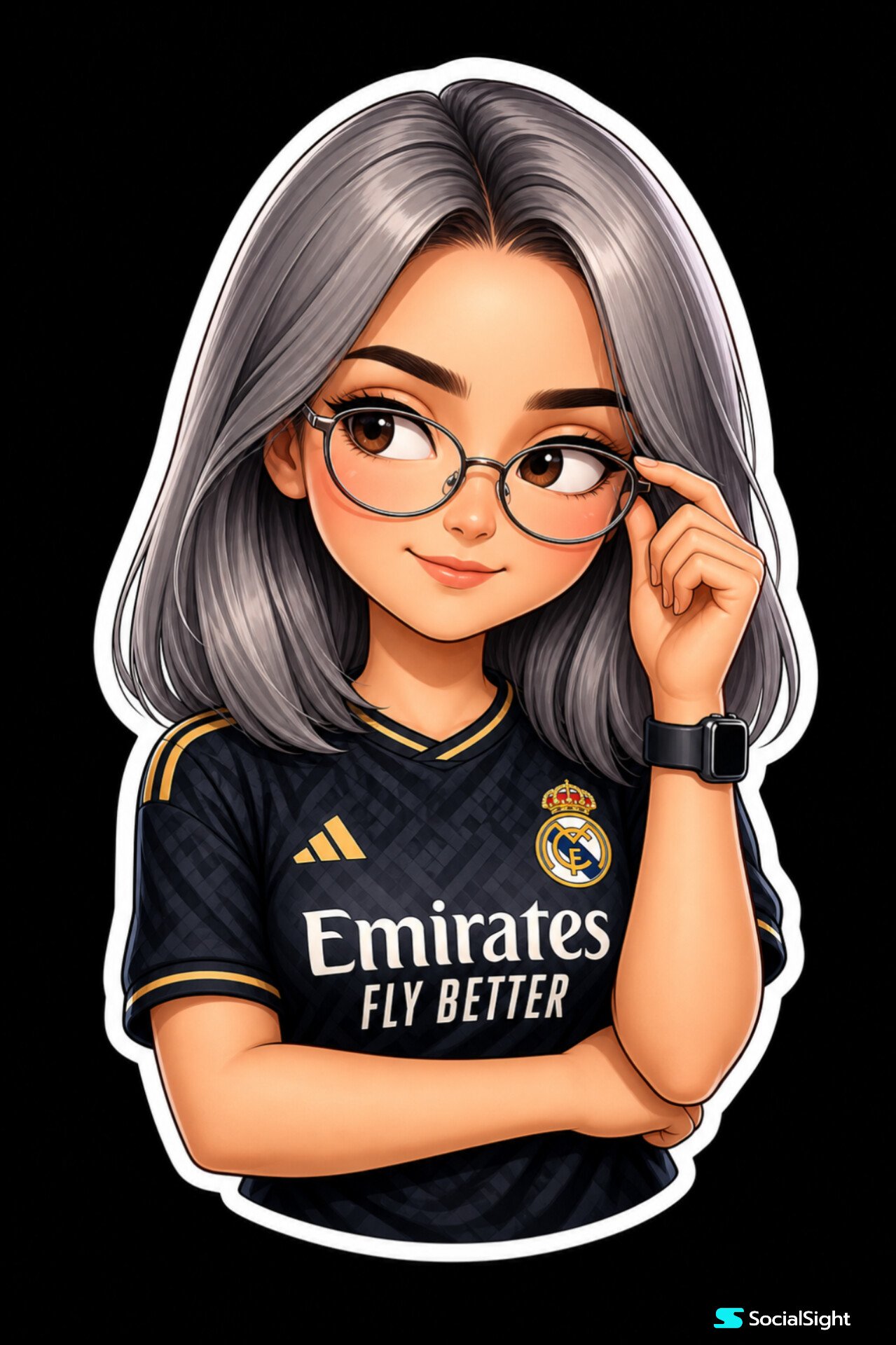Prompt 👇 A cute chibi-style women with titanium color straight hair to…