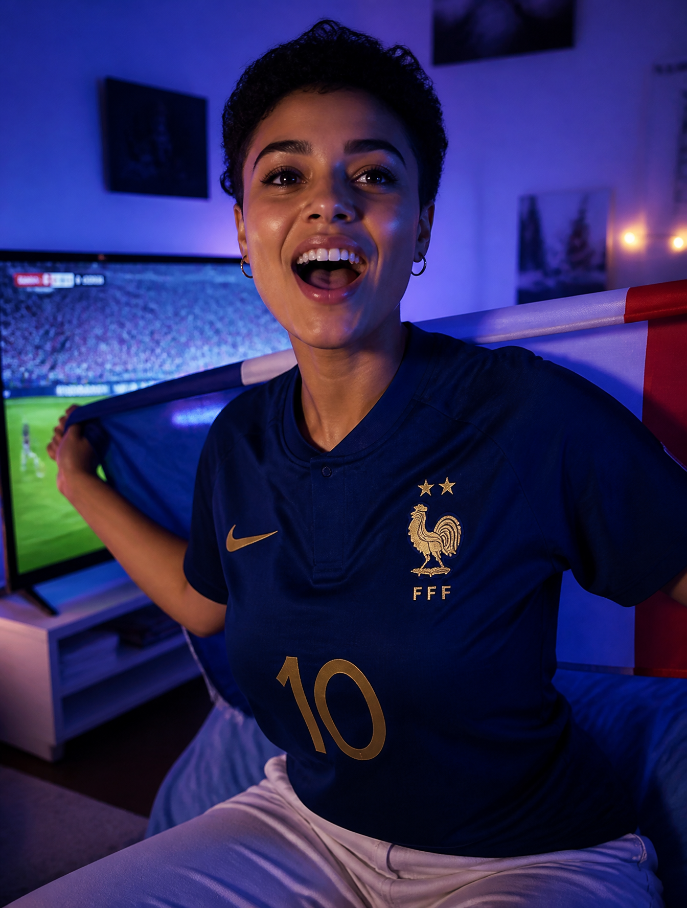 A stylish young French woman with short natural hair, wearing blue Fran…
