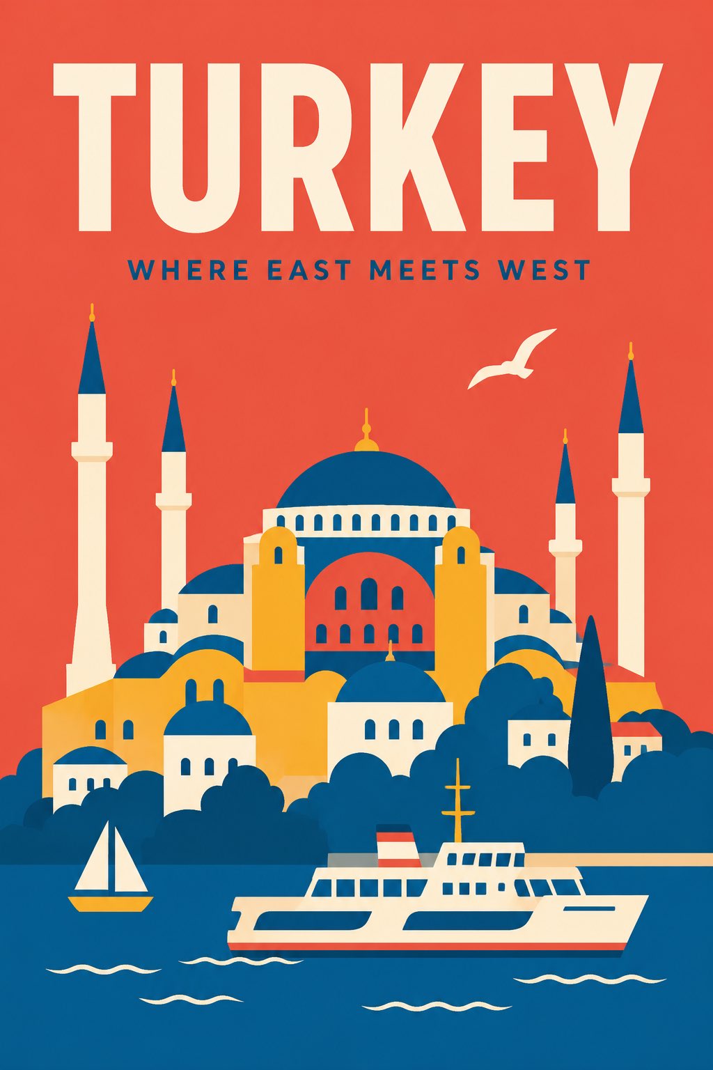 A flat minimalist travel poster for the city of [City Name], featuring …