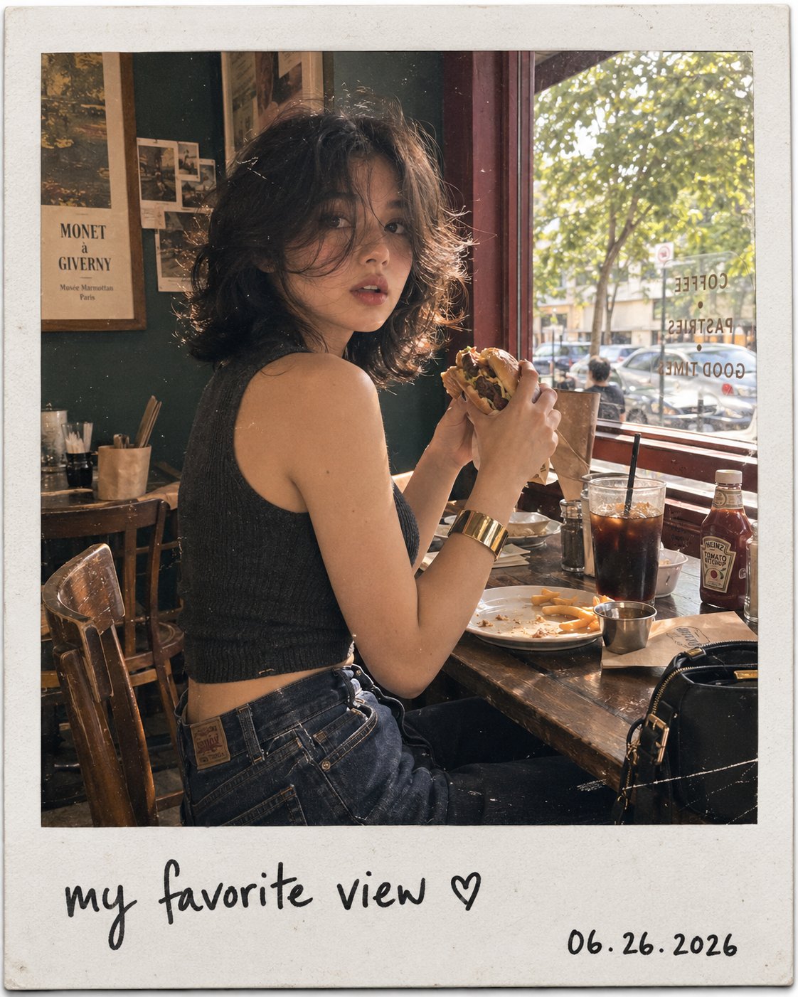 Aesthetic candid café snapshot presented as a realistic vintage Polaroi…