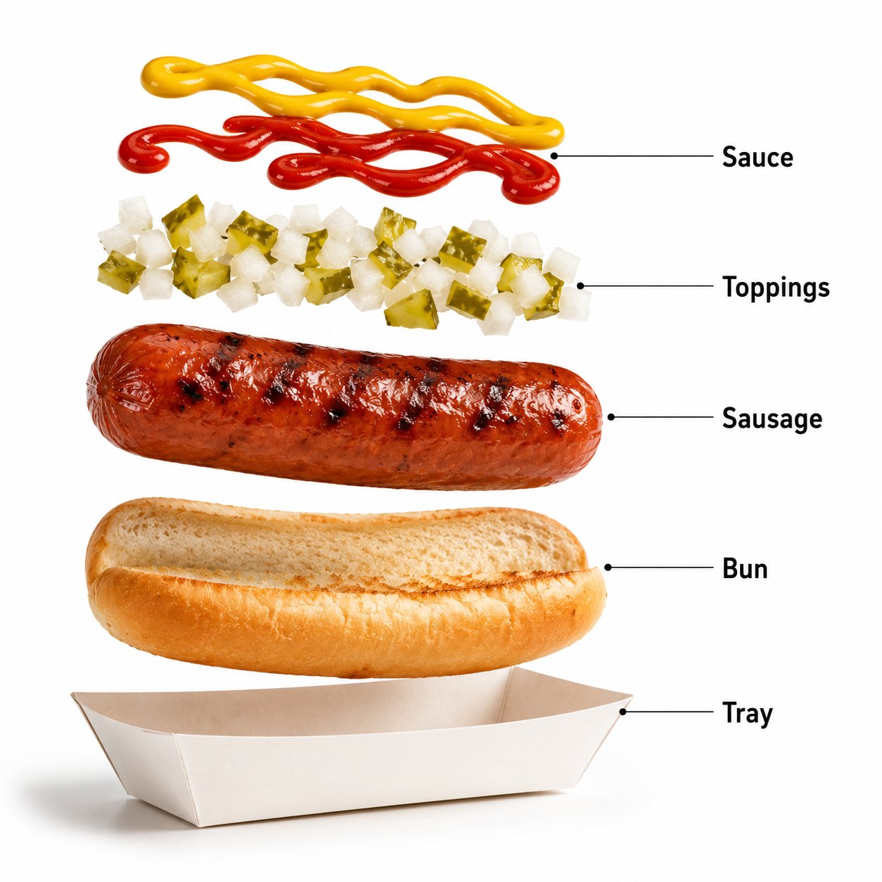 - A premium fast-food product photograph of a loaded hot dog centered a…