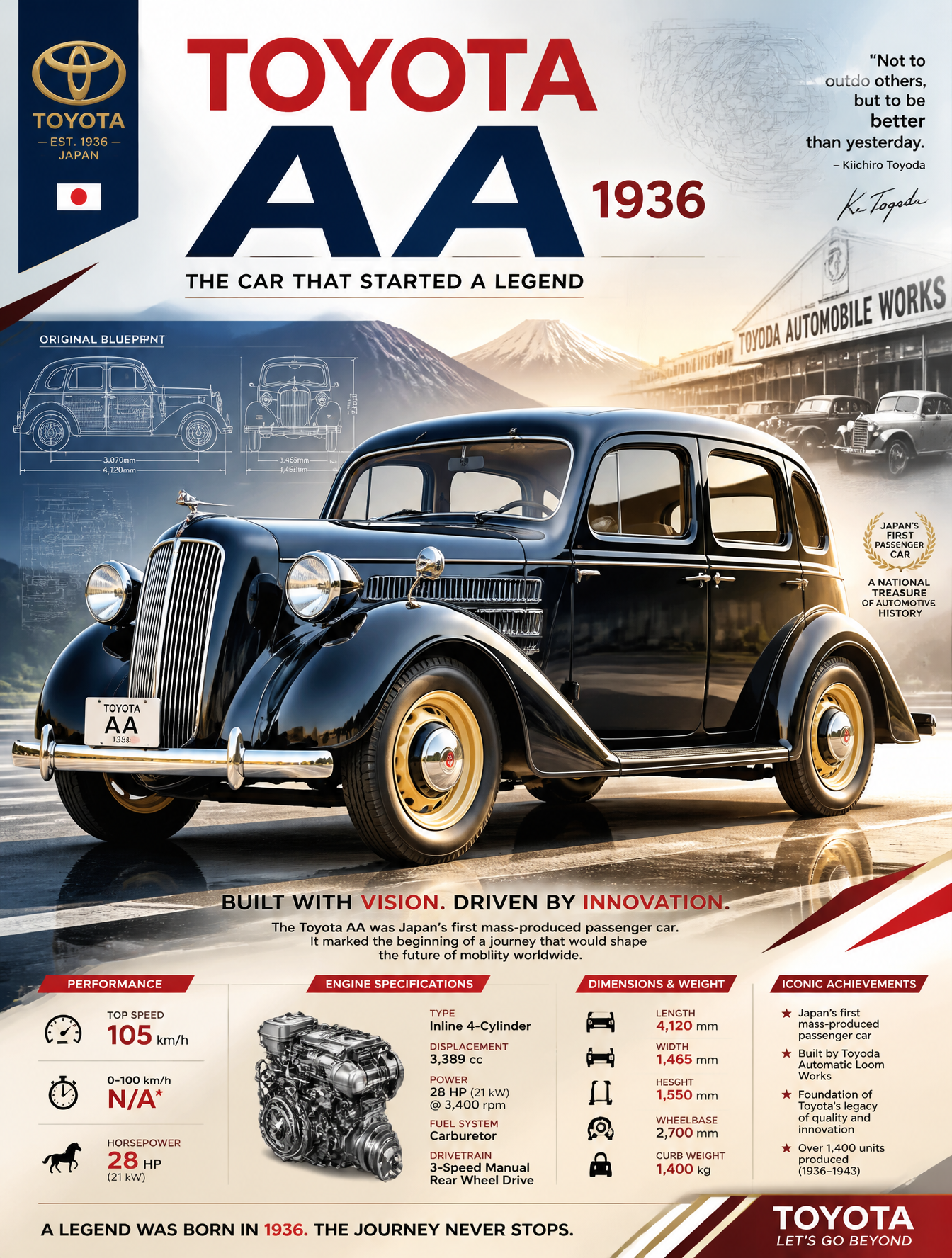 Create an epic premium automotive poster of [TOYOTA AA(1936)].Place the…