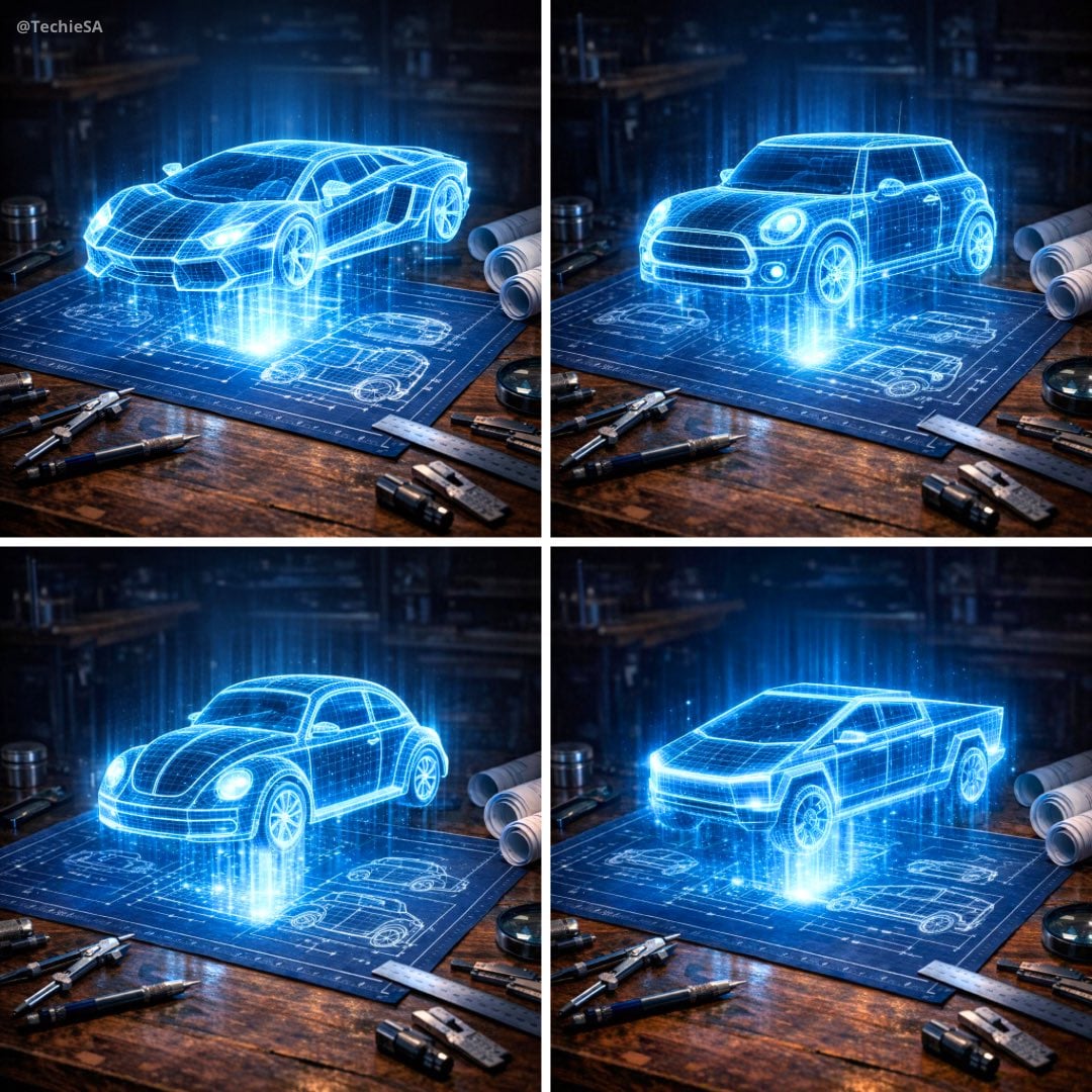 Create a hyper-realistic 3D holographic blueprint projection of a [CAR …