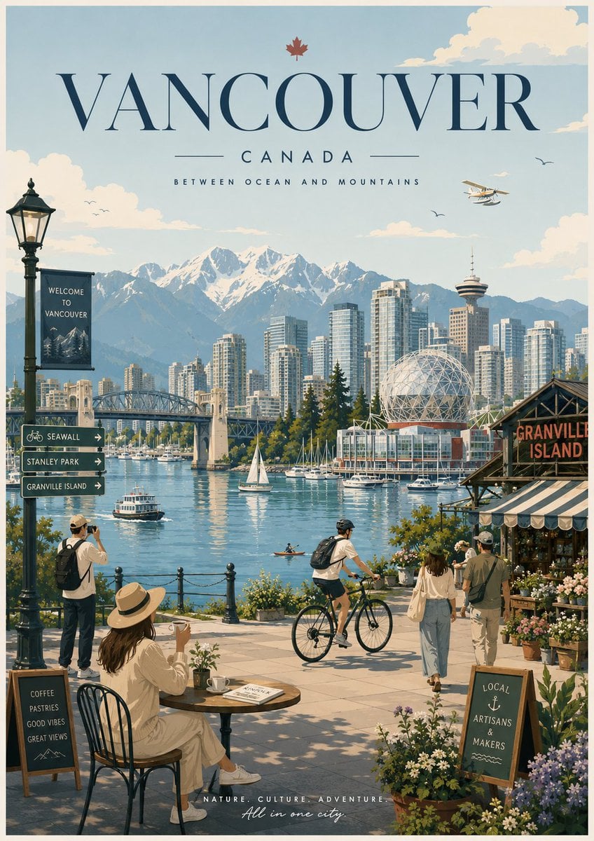Create a minimalist travel poster illustration in a soft editorial flat…