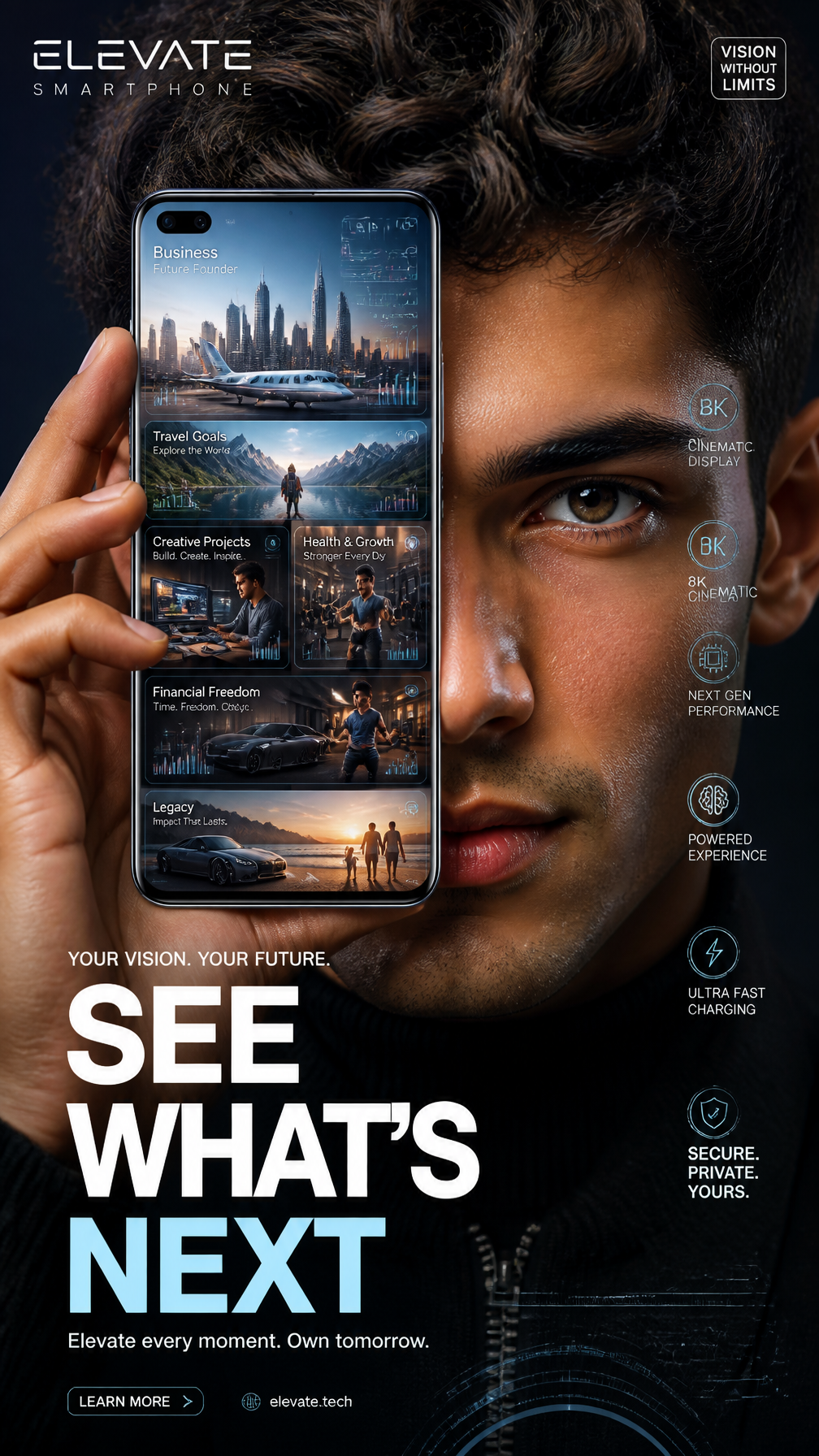 A premium 9:16 smartphone advertising poster.Main Subject:A confident y…
