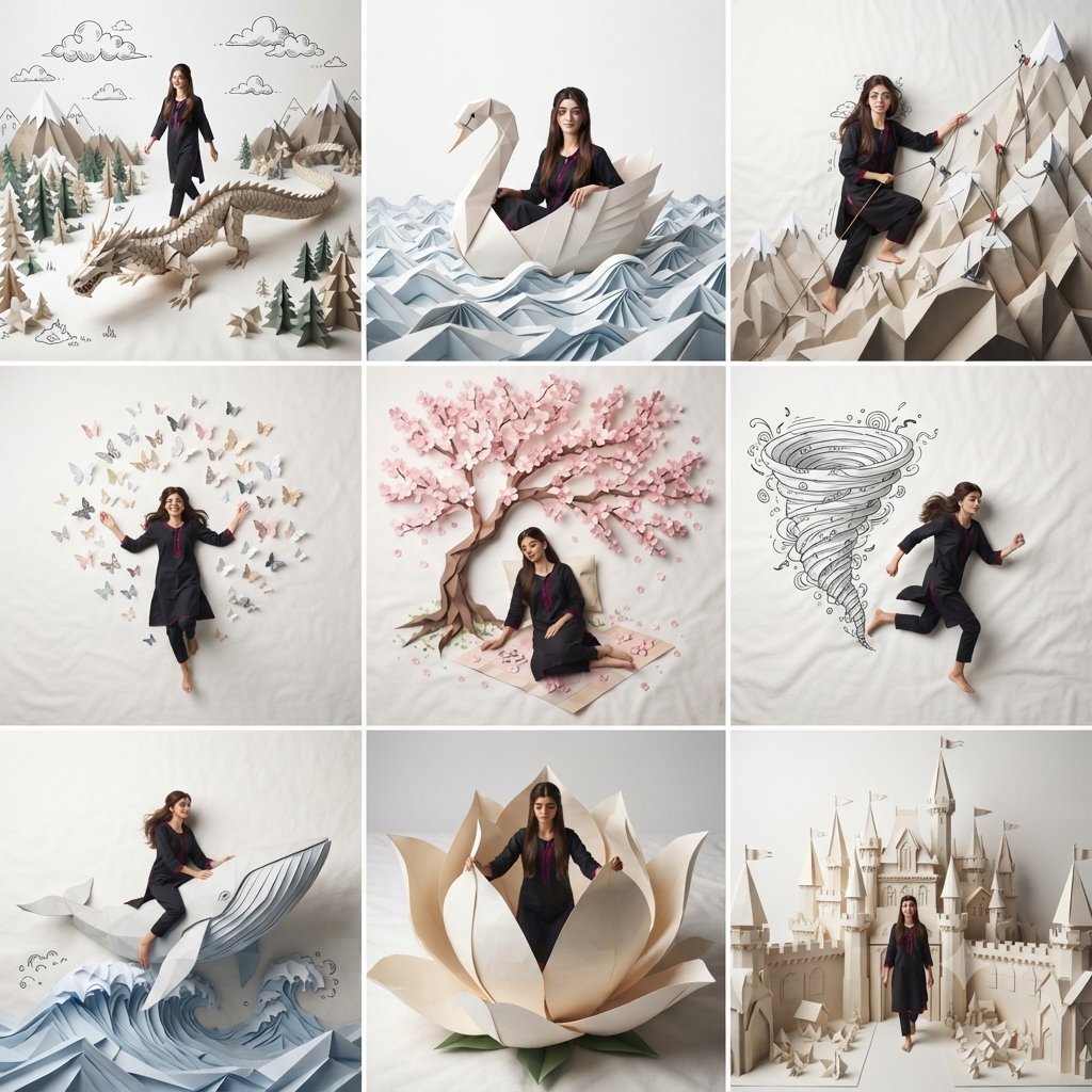 A professional 3x3 collage featuring the same beautiful woman from the …