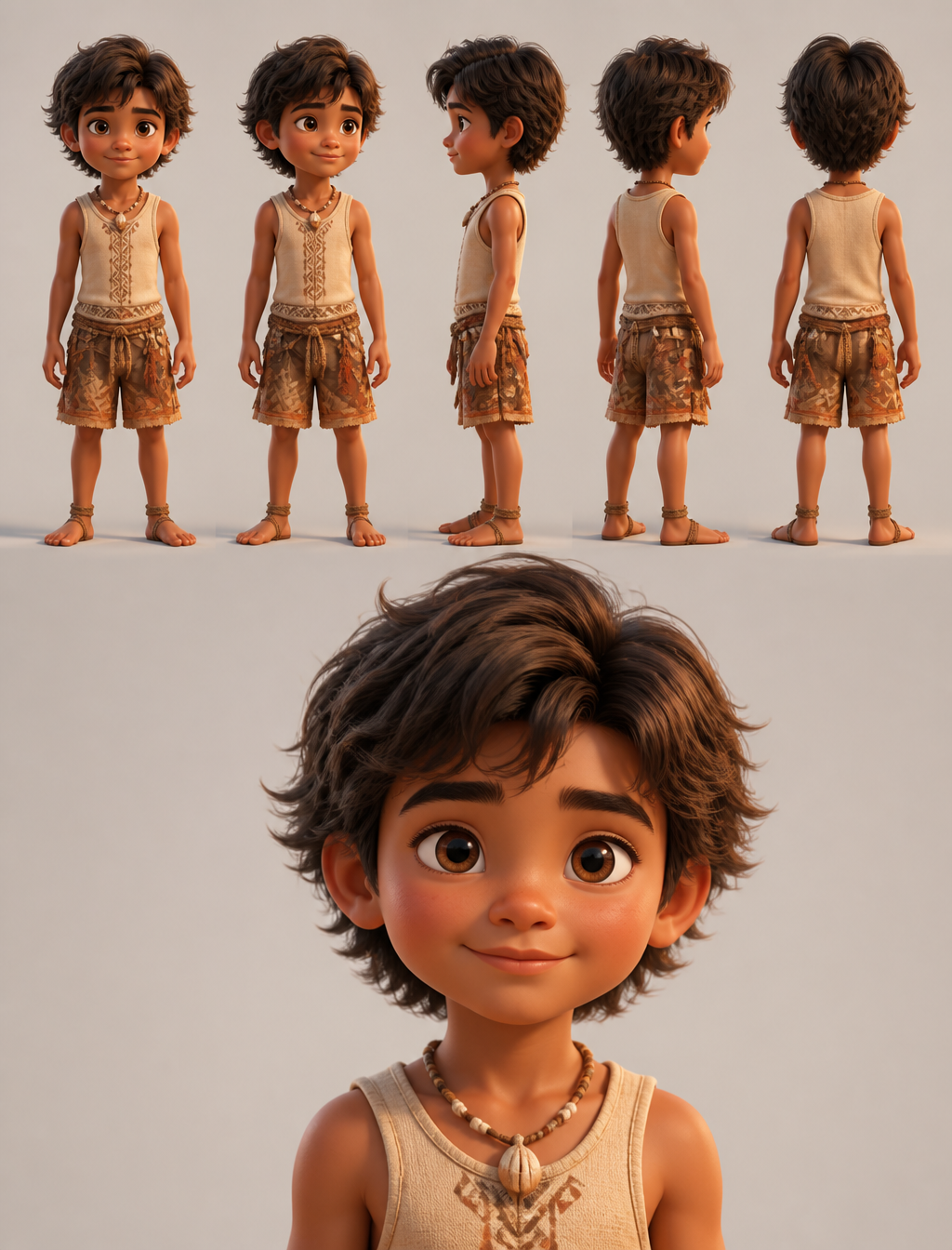 3D animated character reference sheet rendered in cinematic animation m…