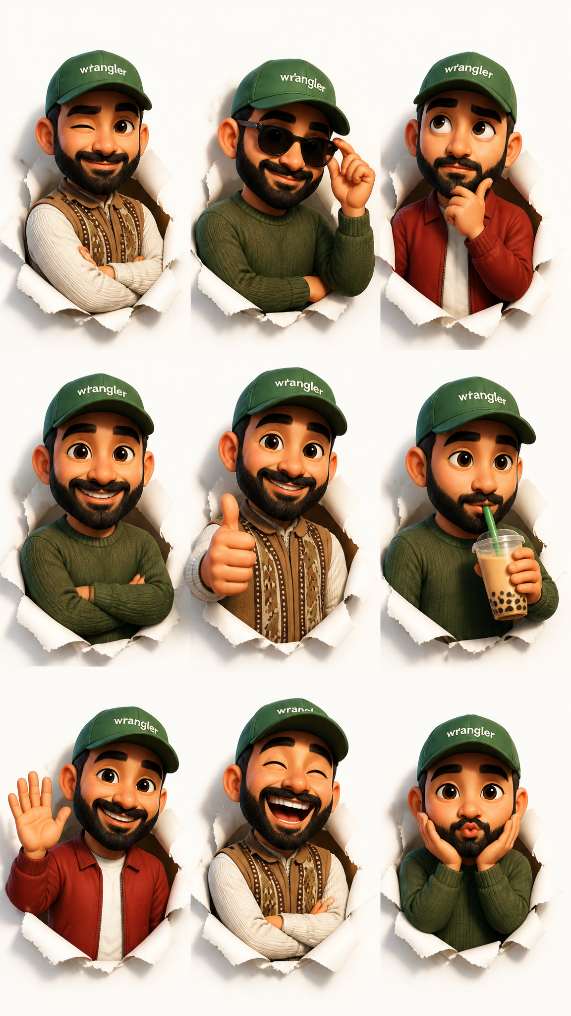 3D Pixar-style expression sheet, cute stylized avatar, 3x3 grid layout,…