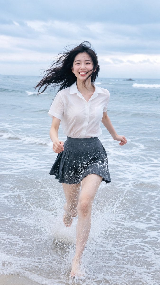 9:16 vertical photorealistic beach running portrait. An adult East Asia…