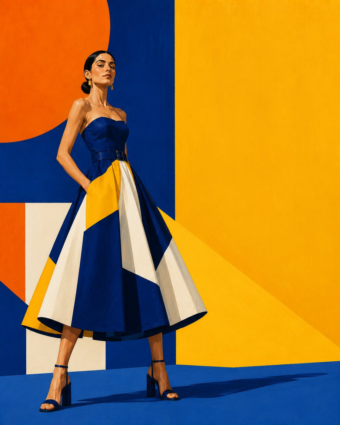 Wide fashion illustration poster, woman in geometric color-block dress … 1