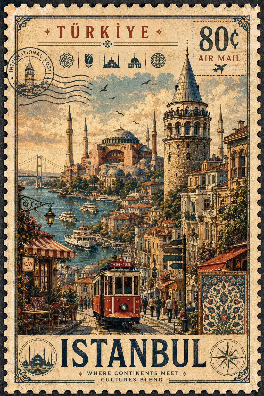 Create an ultra-detailed vintage postage stamp style travel illustratio… 1