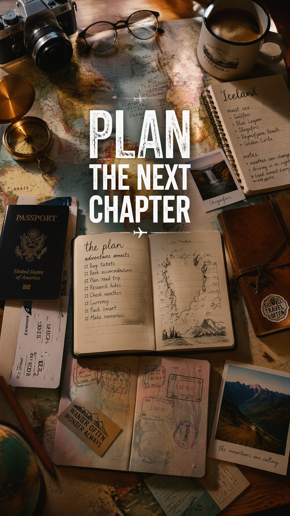 A premium 9:16 travel advertising poster.Main Subject: A traveler's des…