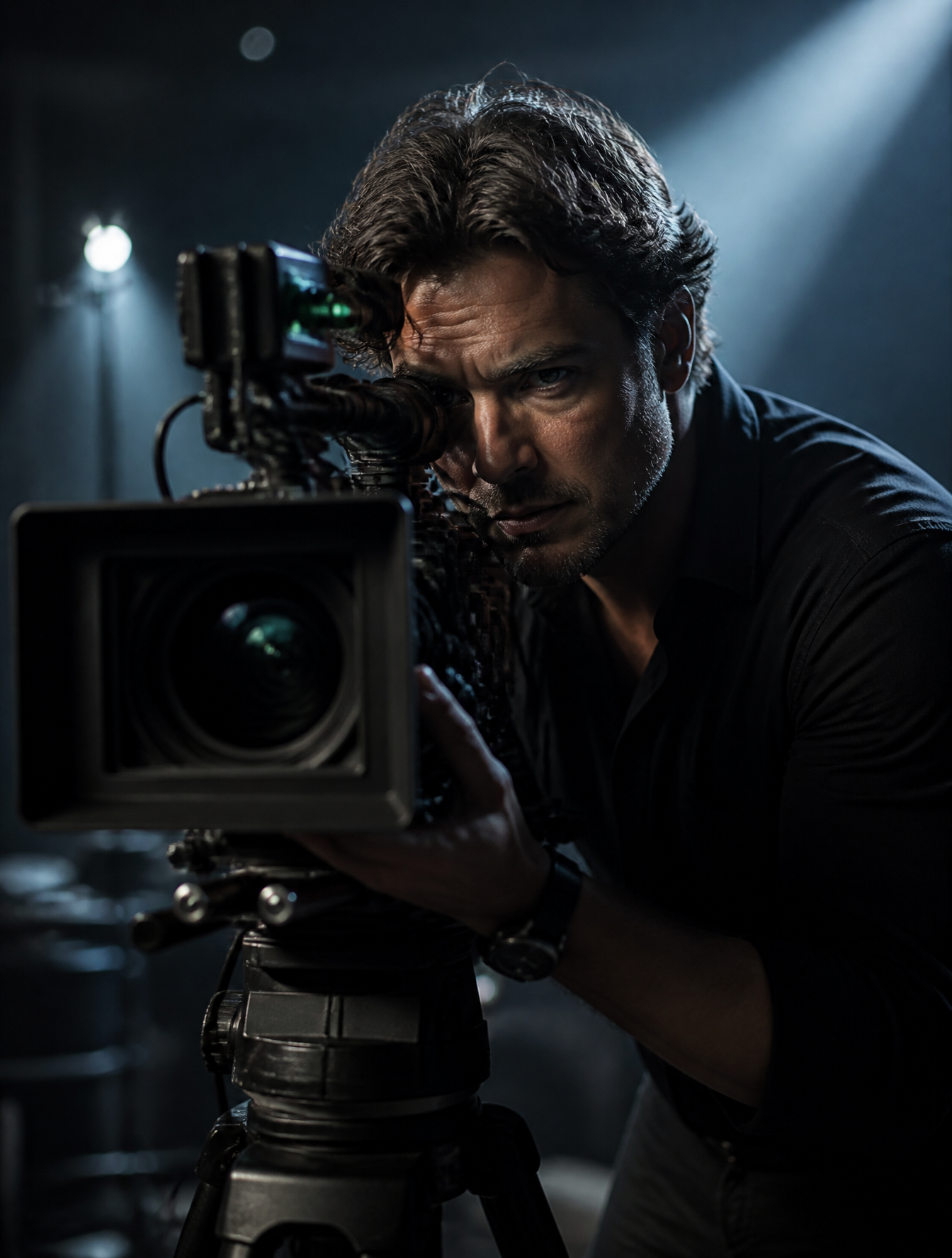 A focused cinematographer operates a professional cinema camera on a tr…