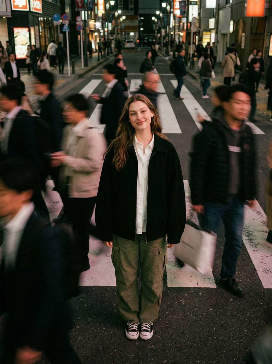 Ultra-realistic cinematic street portrait of a young person standing pe…