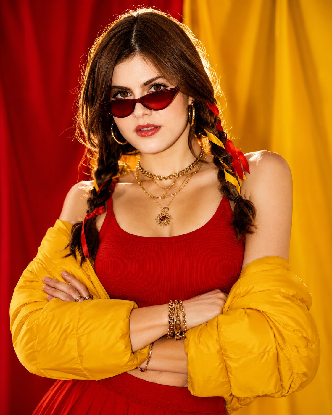 Full-body bold fashion shot, stunningly beautiful young woman in red ta… 1