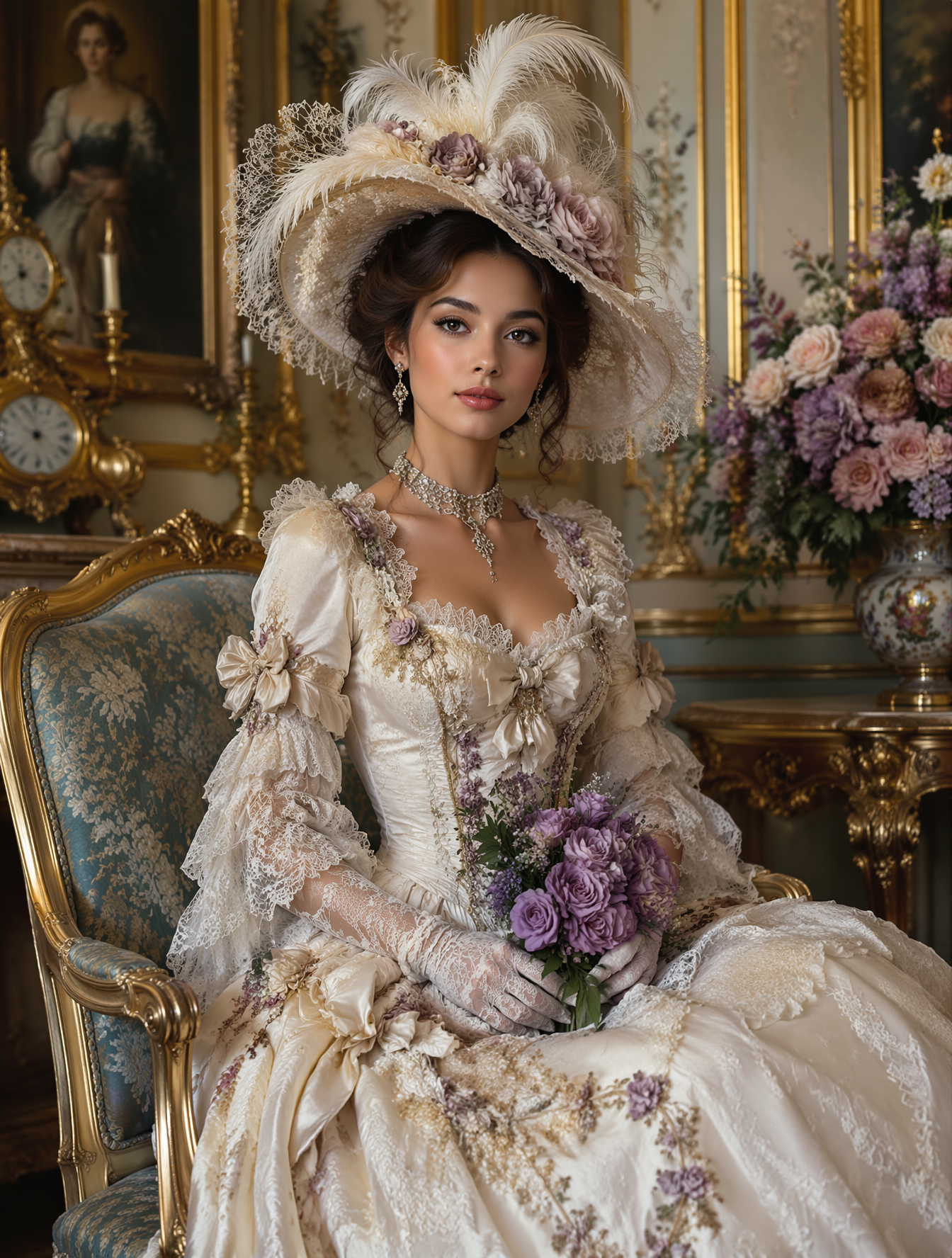 A slim woman dressed in an elaborate, regal costume is seated in what a…