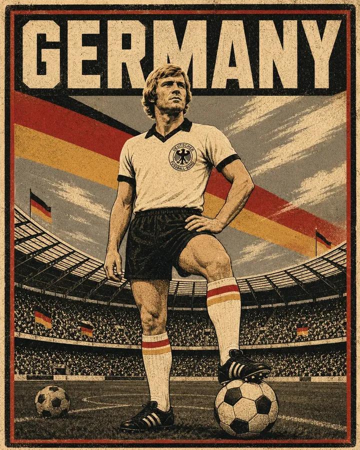 A vintage-style screen-printed national football poster in a retro prop… 2