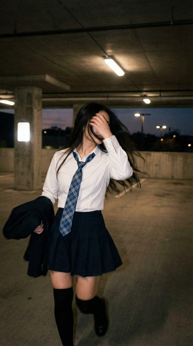 Candid portrait of a young woman in a dim parking garage, wearing a whi…