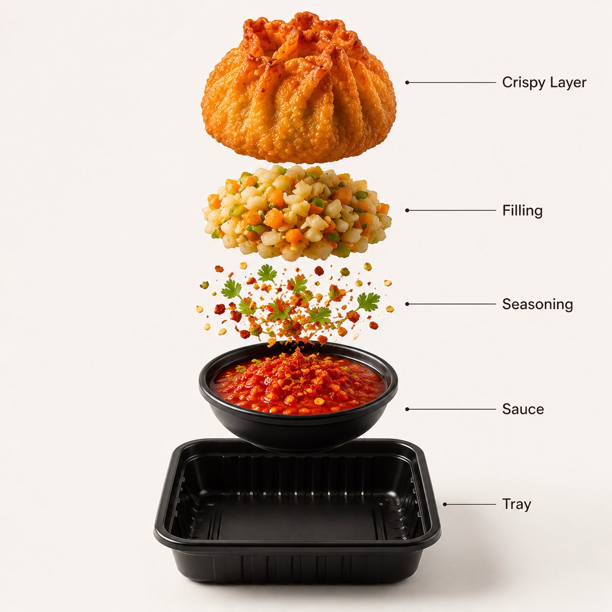 - A premium street-food product photograph of crispy fried momos arrang…