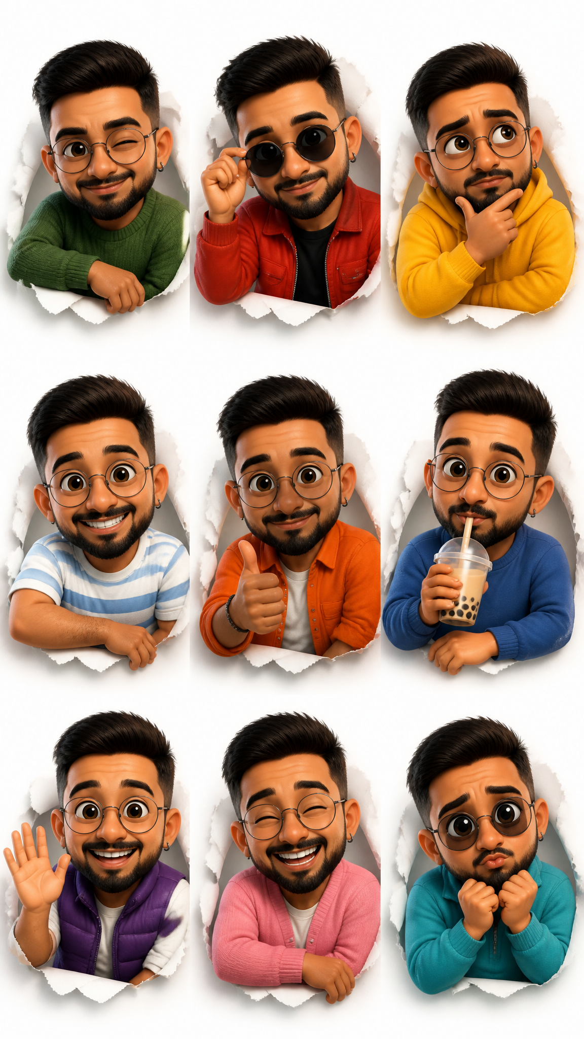 3D Pixar-style expression sheet, cute stylized male avatar with short d…