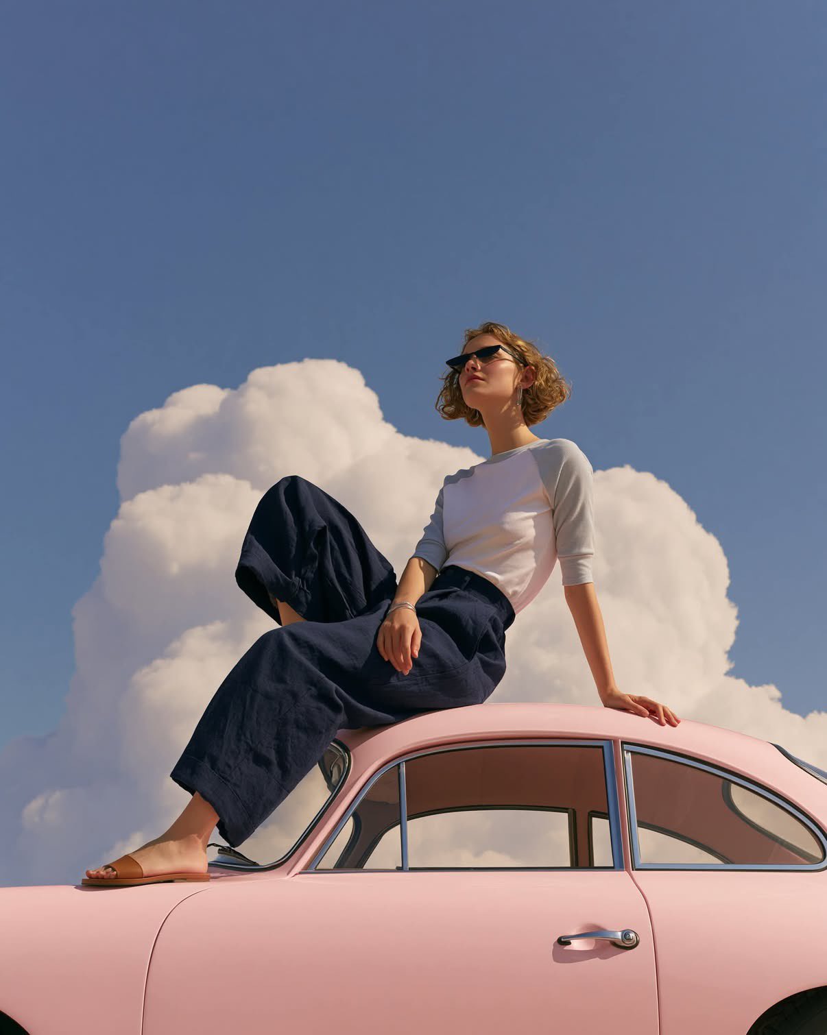 A dreamy editorial fashion photograph of a minimalist young woman sitti… 2