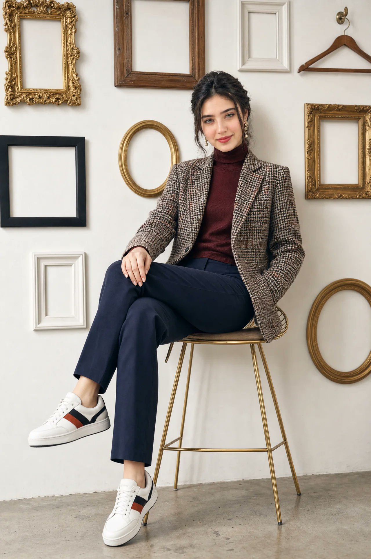 A stylish young woman with sleek dark hair styled back, defined brows, …
