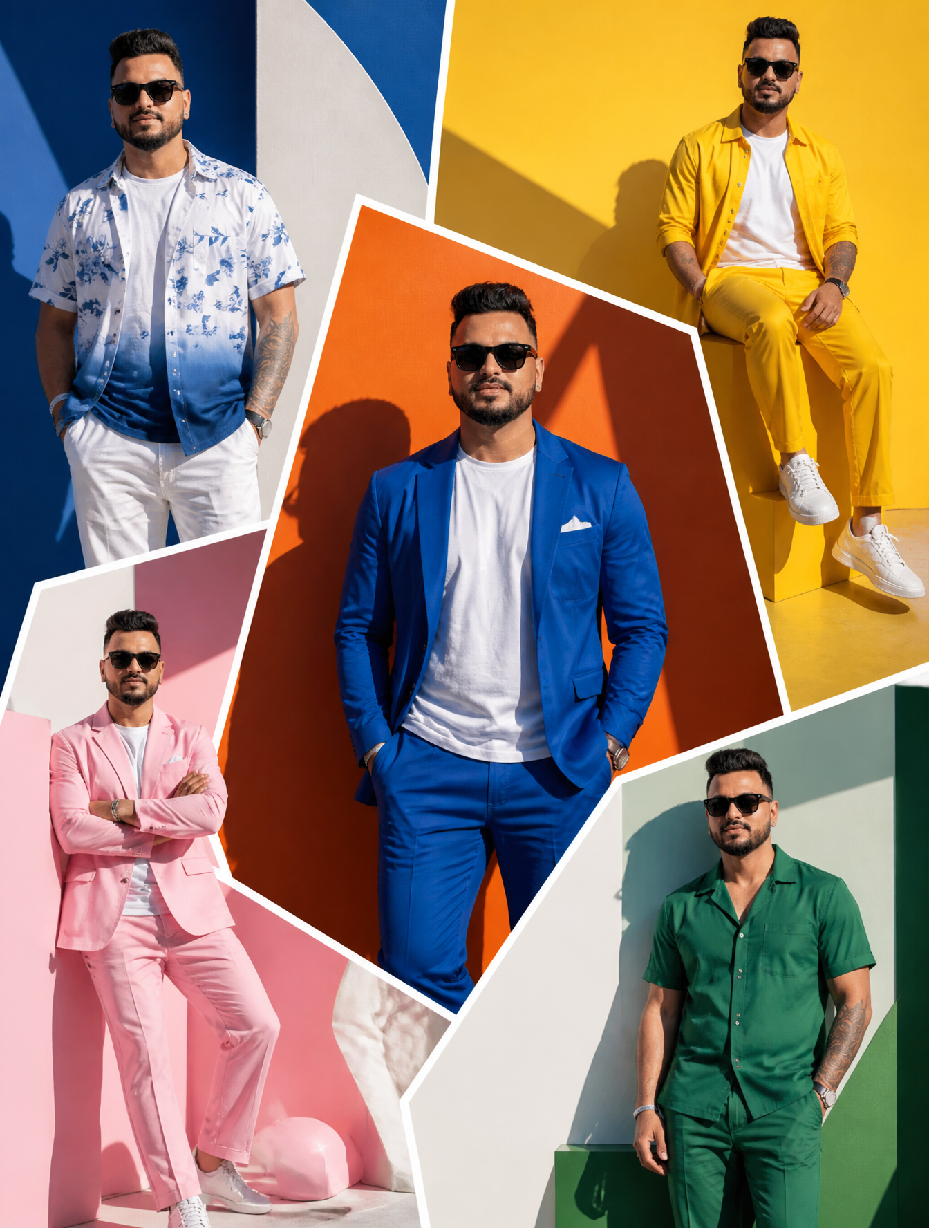 The SAME male model displayed across oversized random-shaped fashion pa…