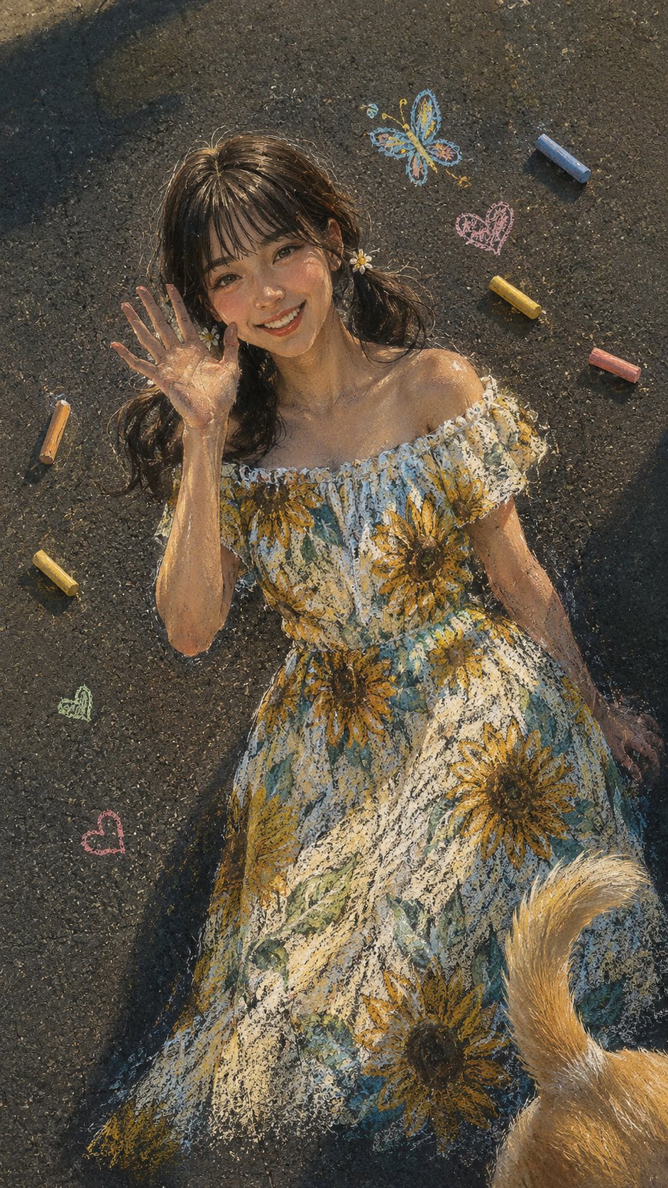 A stunning, hyper-realistic chalk art masterpiece on a textured dark as…