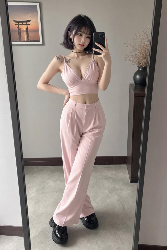 A full-body mirror selfie of a young East Asian woman with a stylish sh…