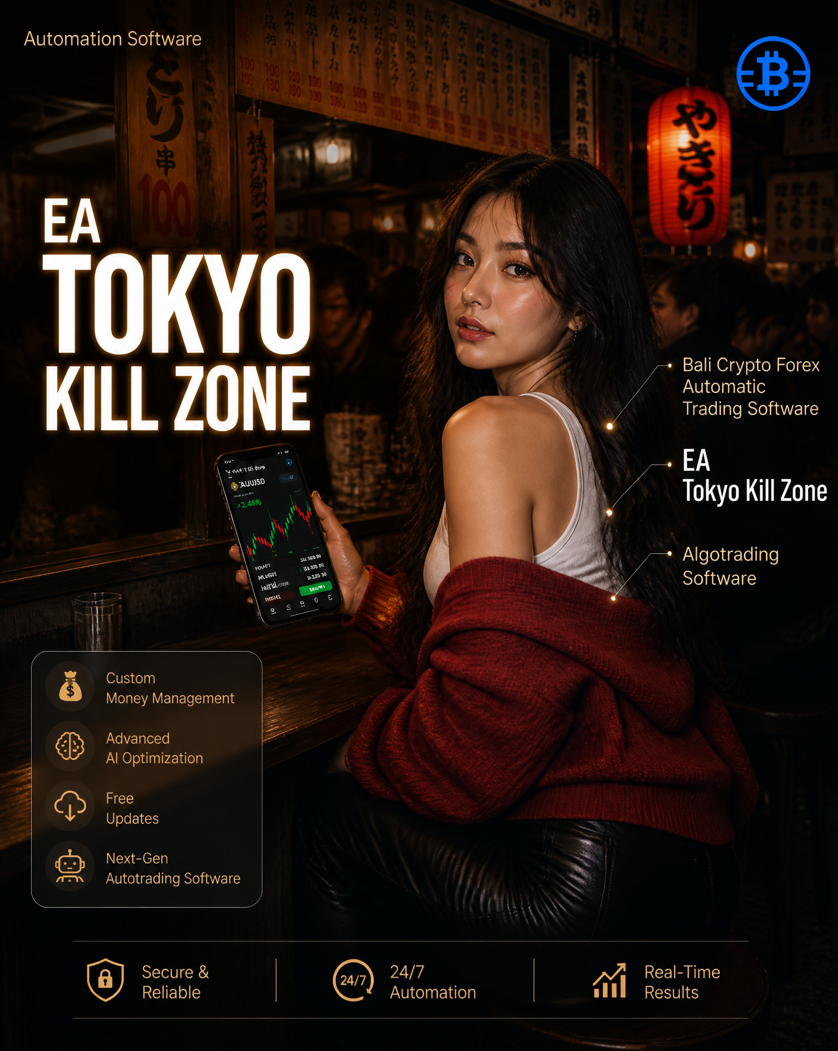 Advertisement poster for “BALI CRYPTO FOREX” product: EA Tokyo Kill Zon…