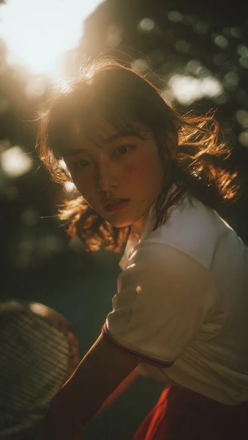 Cinematic middle shot of a Japanese teenage girl in tennis uniform, cap… 1