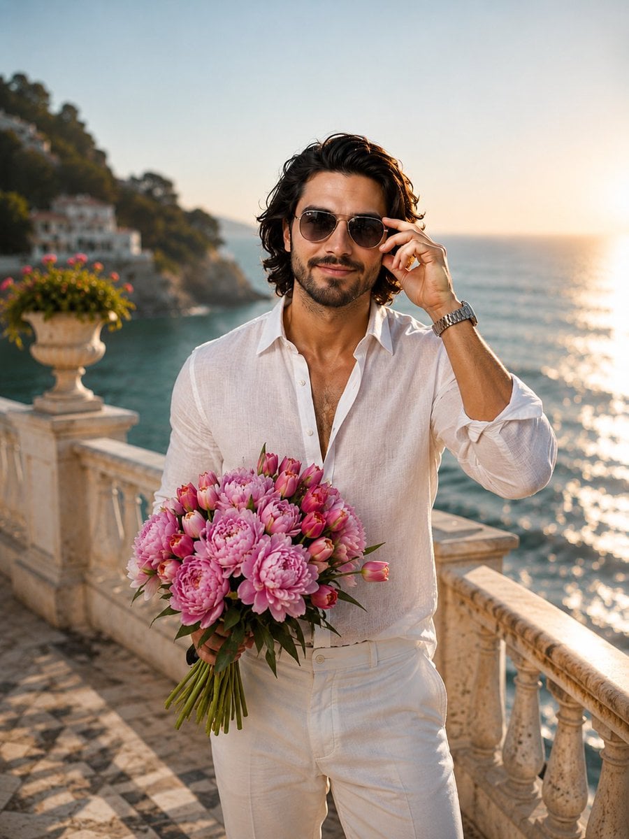 A stylish young man standing on a sunlit seaside terrace at golden hour…