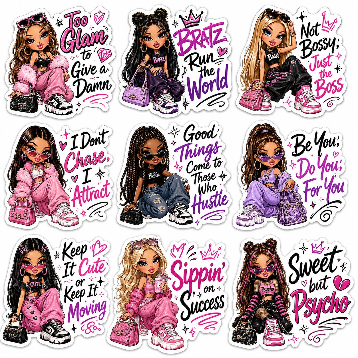 A premium sticker sheet featuring 9 Bratz-inspired fashion dolls in a g…