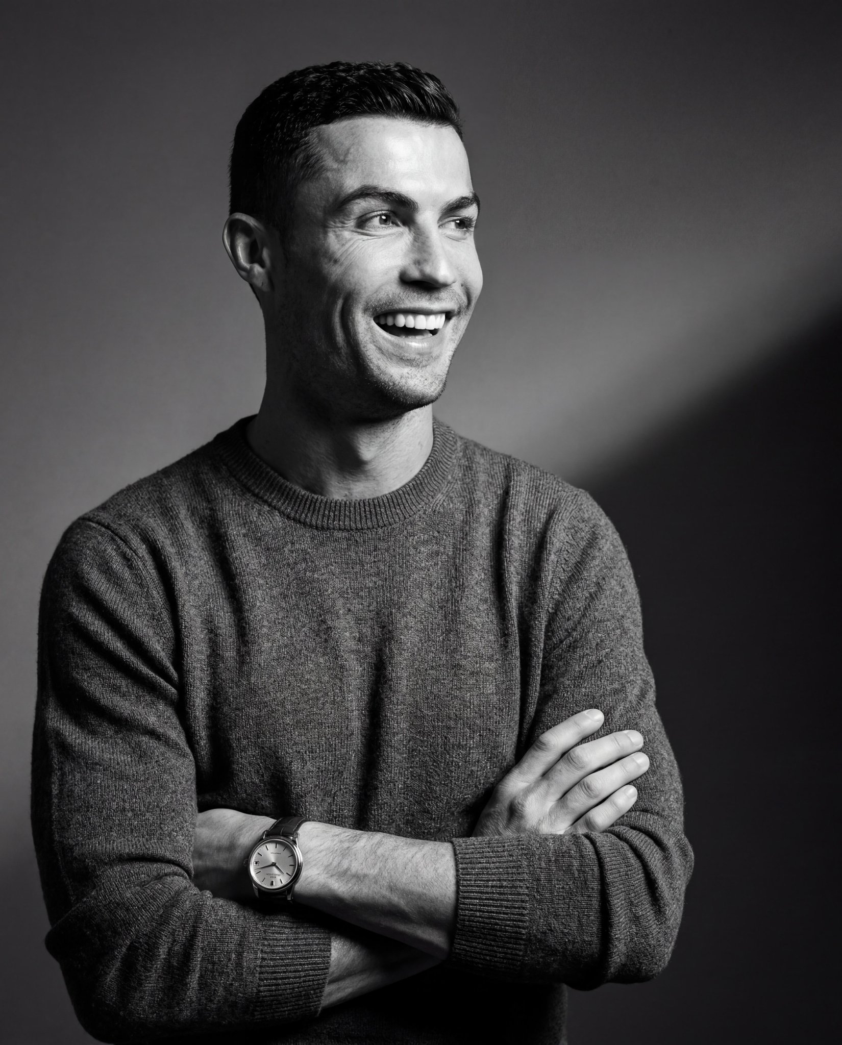 Ultra-realistic monochrome editorial portrait of a world-class football…