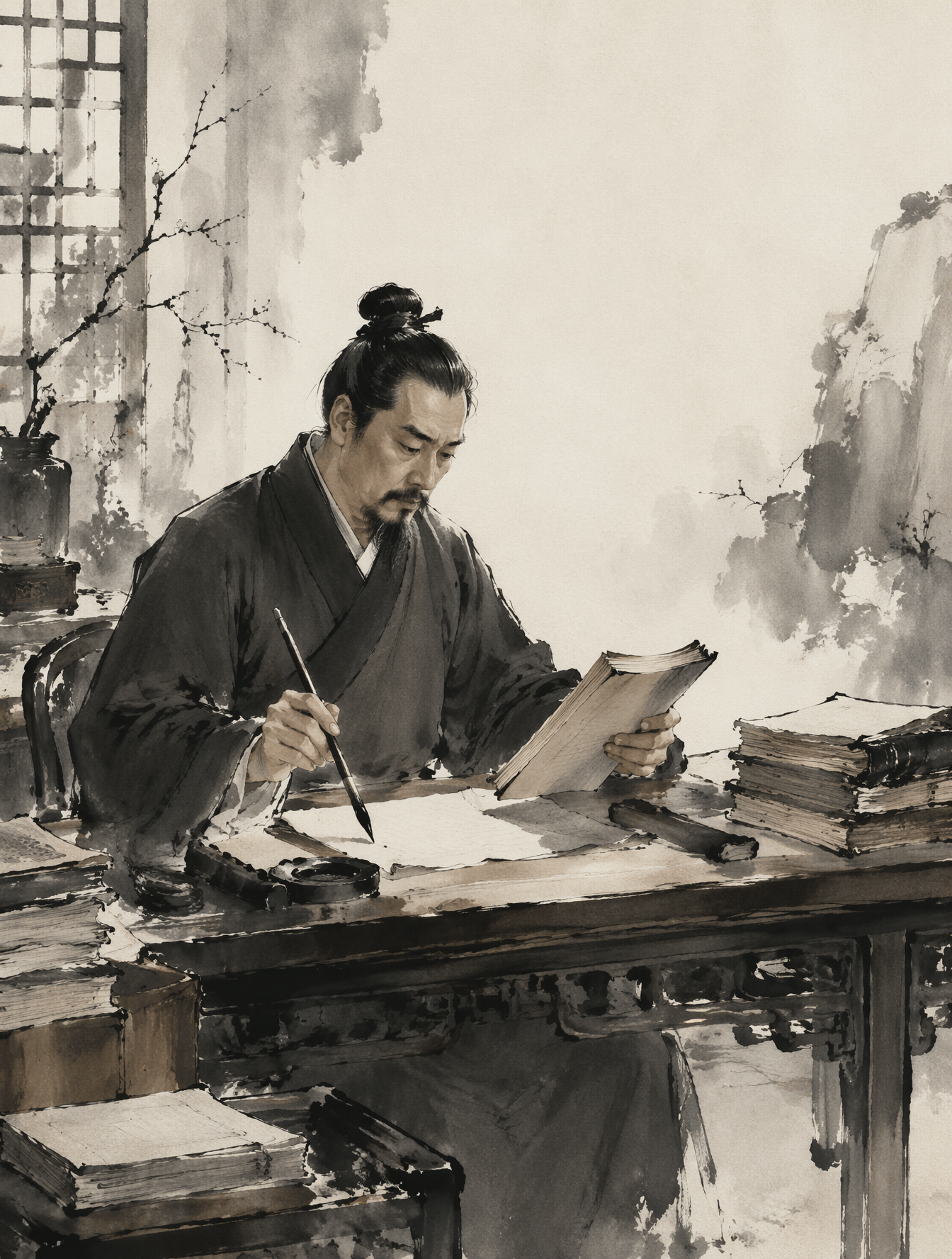 主体与动作 一位身着传统深色长袍的中国专利审查员，端坐在堆满古籍与现代专利文件的红木书案前，神态凝重而专注，右手持毛笔悬于宣纸之上，左手正翻阅…
