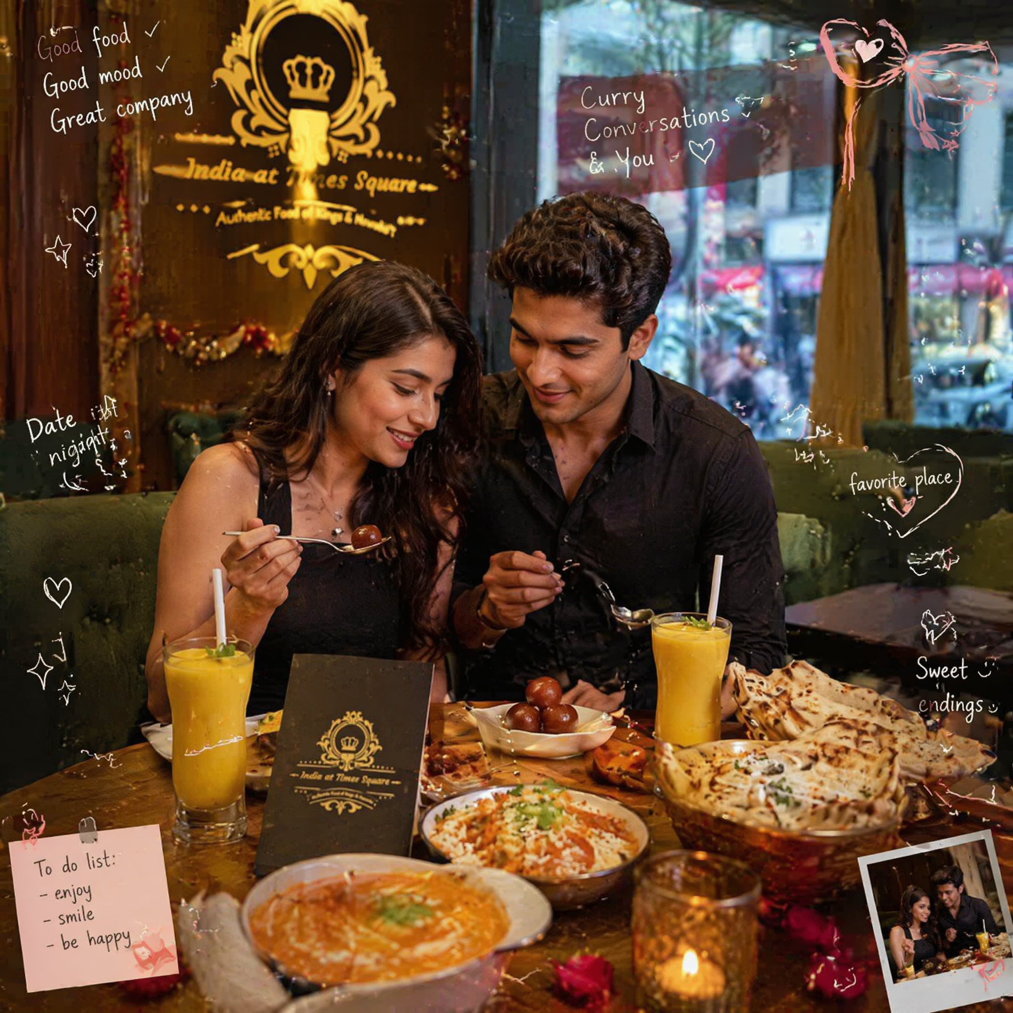 Ultra-realistic cozy Indian restaurant photography featuring a cute you…