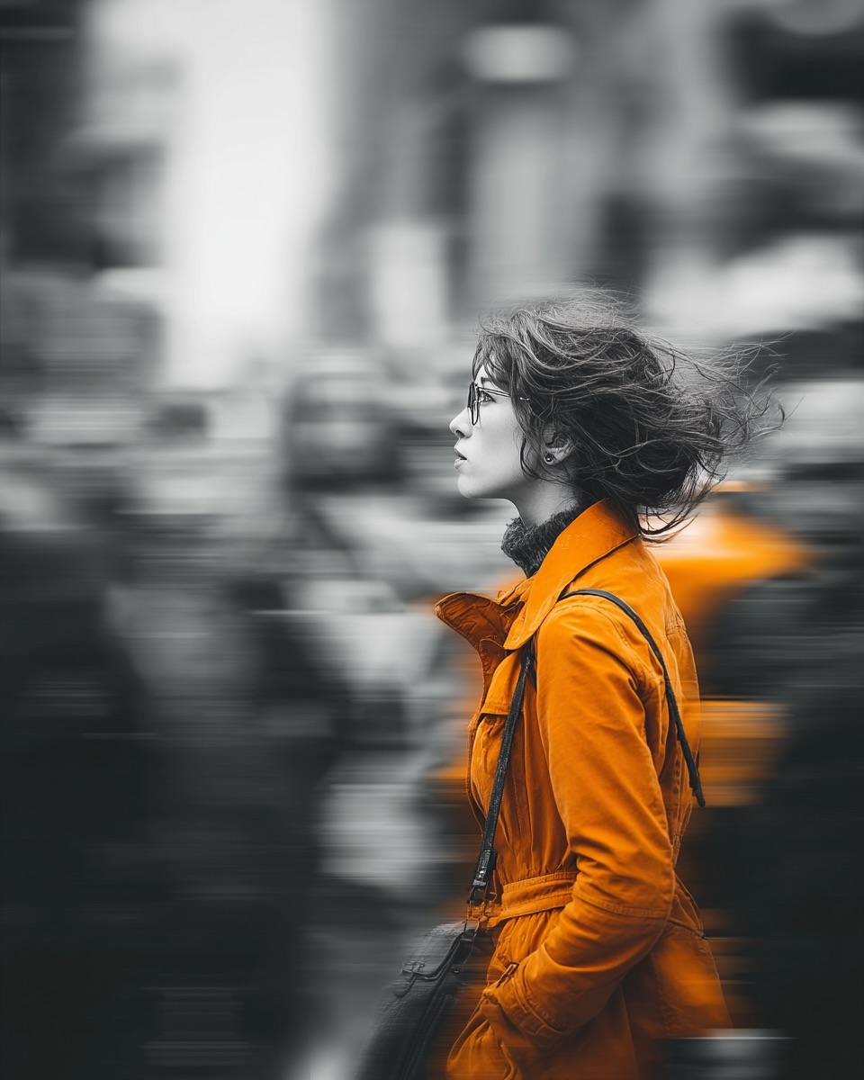A cinematic street portrait of a young woman walking through a busy cit… 1