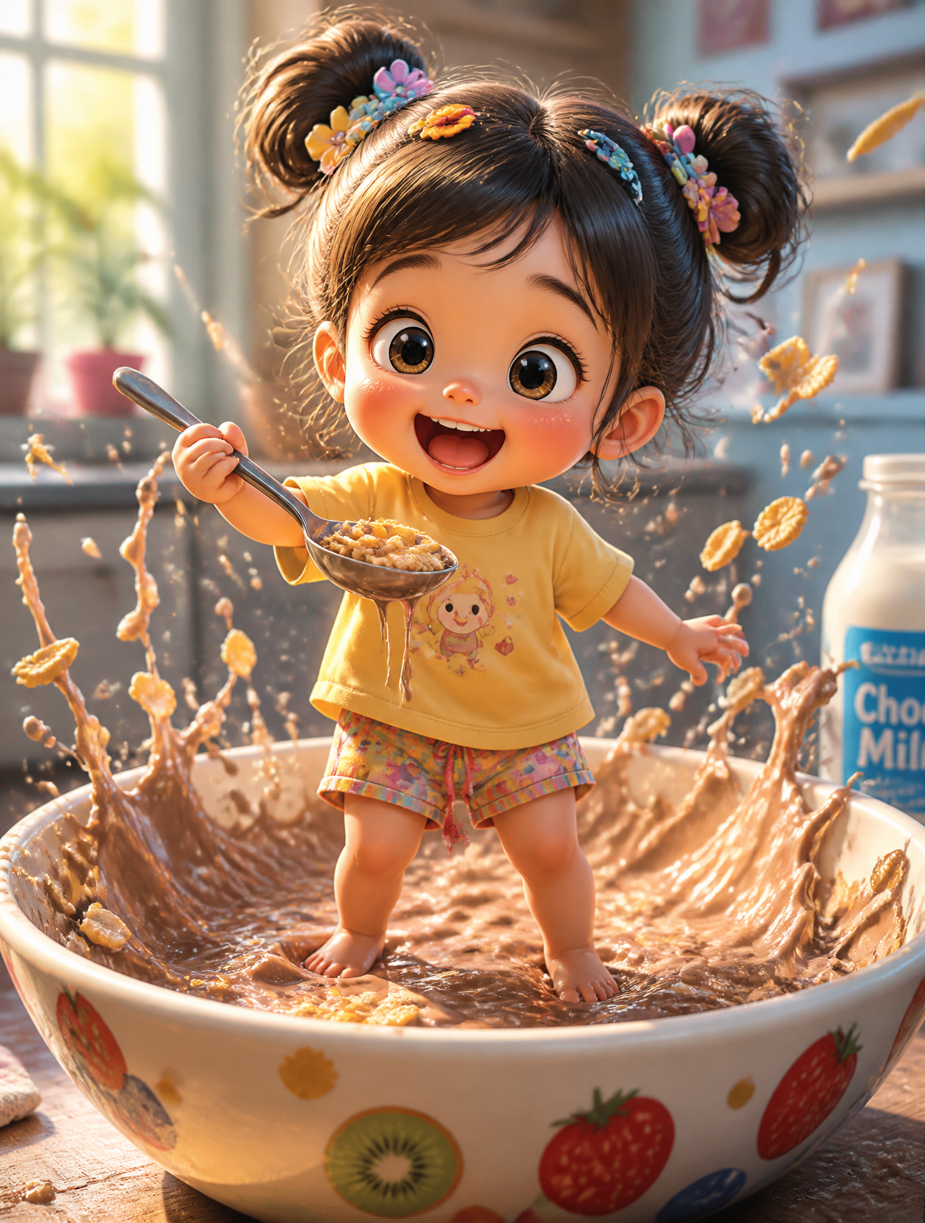 A whimsical, ultra-detailed 3D illustration of a cute toddler girl with…