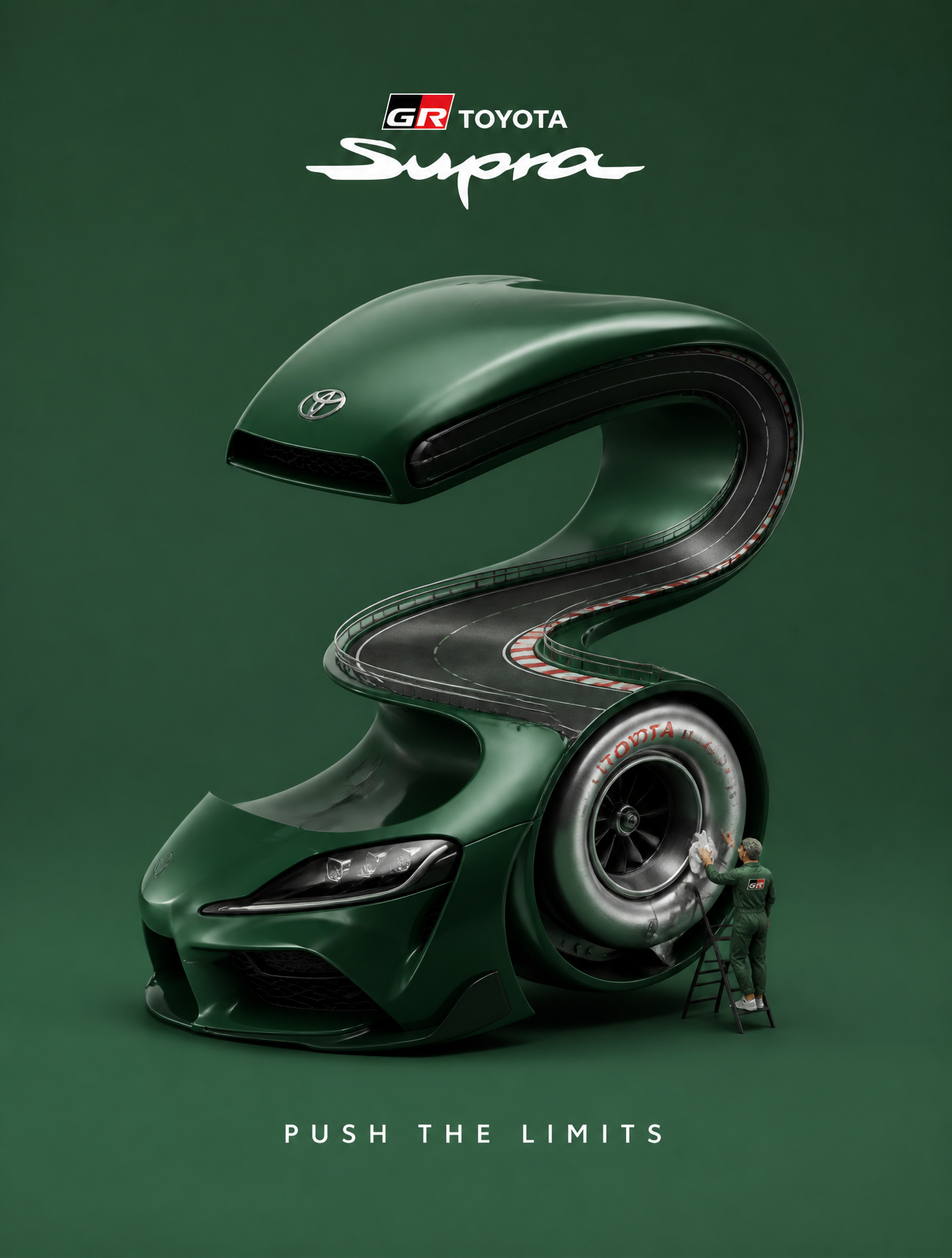 Create a creative 3D advertisement for [ TOYOTA GR SUPRA ], featuring a…
