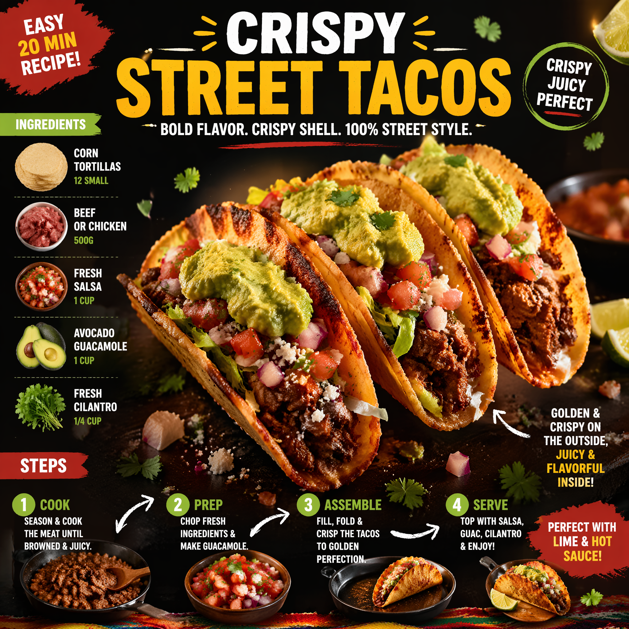Ultra-viral recipe infographic. Showcase CRISPY STREET TACOS filled wit…