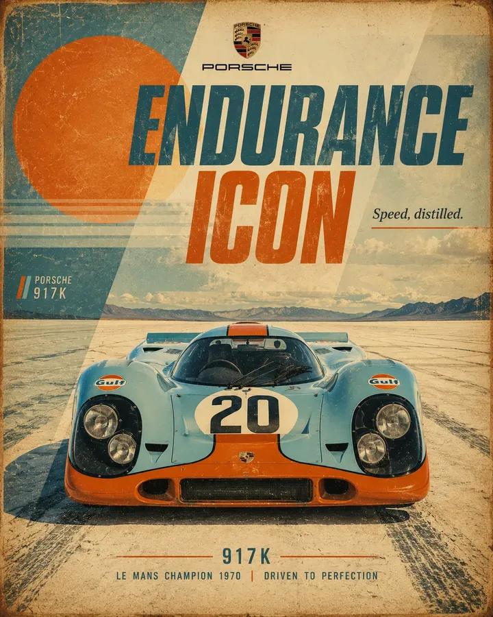 Retro motorsport poster for [CAR], 4:5 vertical. Show a front-facing lo…