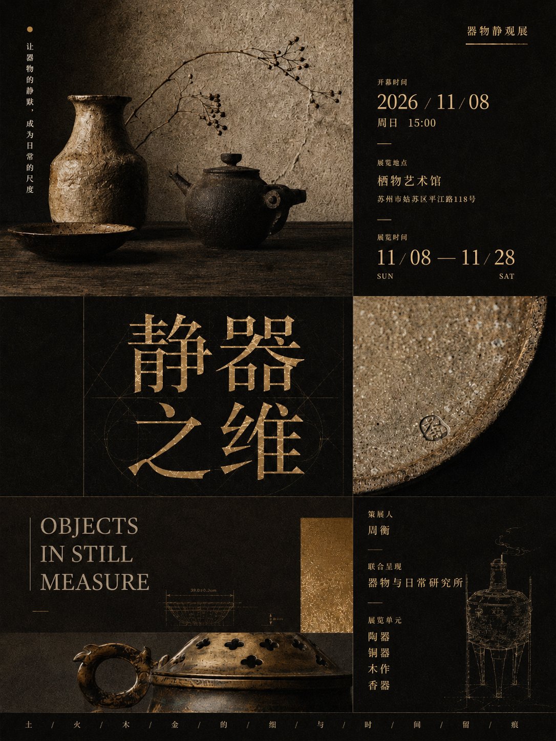 【主题】几何拼贴式策展海报 【中文主标题】自定义 【英文副标题】自定义 【视觉关键词】几何分区 / 艺术图像模块 / 展讯信息 / 深色纸张 … 1