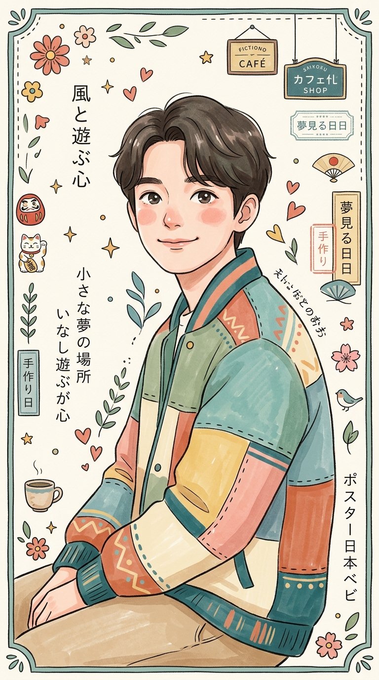 Create a cozy Japanese-inspired whimsical folk-art illustration of a cu…
