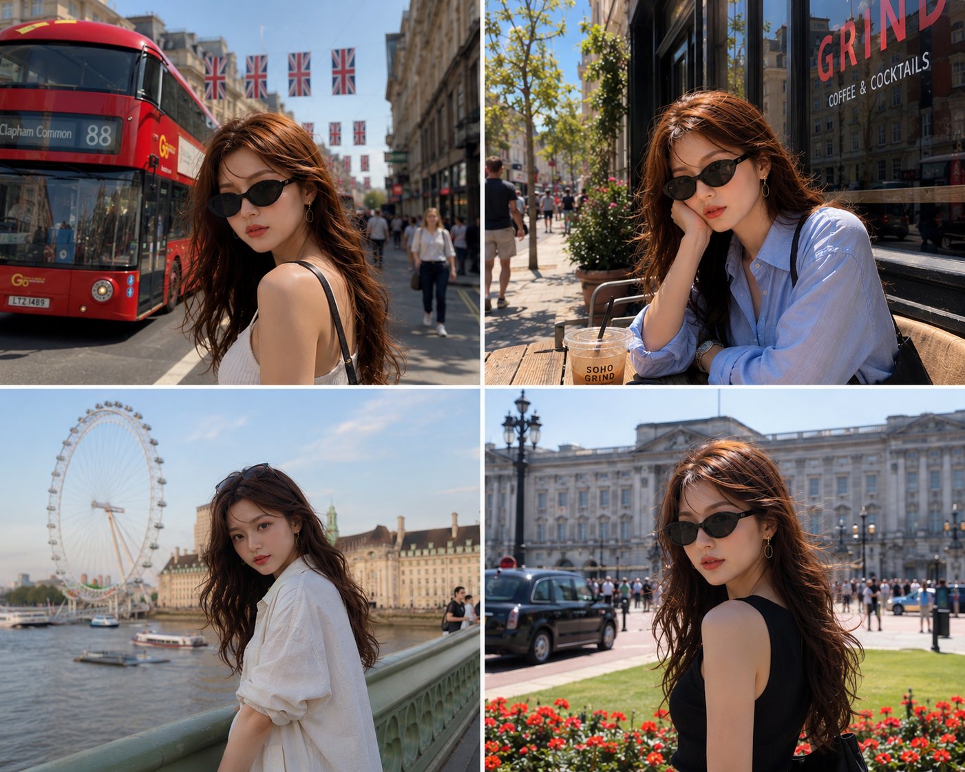 Ultra-realistic 4-photo travel collage of the same beautiful young woma…
