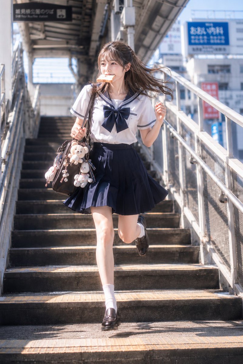 主題： 朝の急ぎ足 人物・表情： 20代女性。明るいアイボリーベージュ寄りの白肌に、ほんのりピンクの血色を含んだ自然な肌理。淡いローズピンクの…