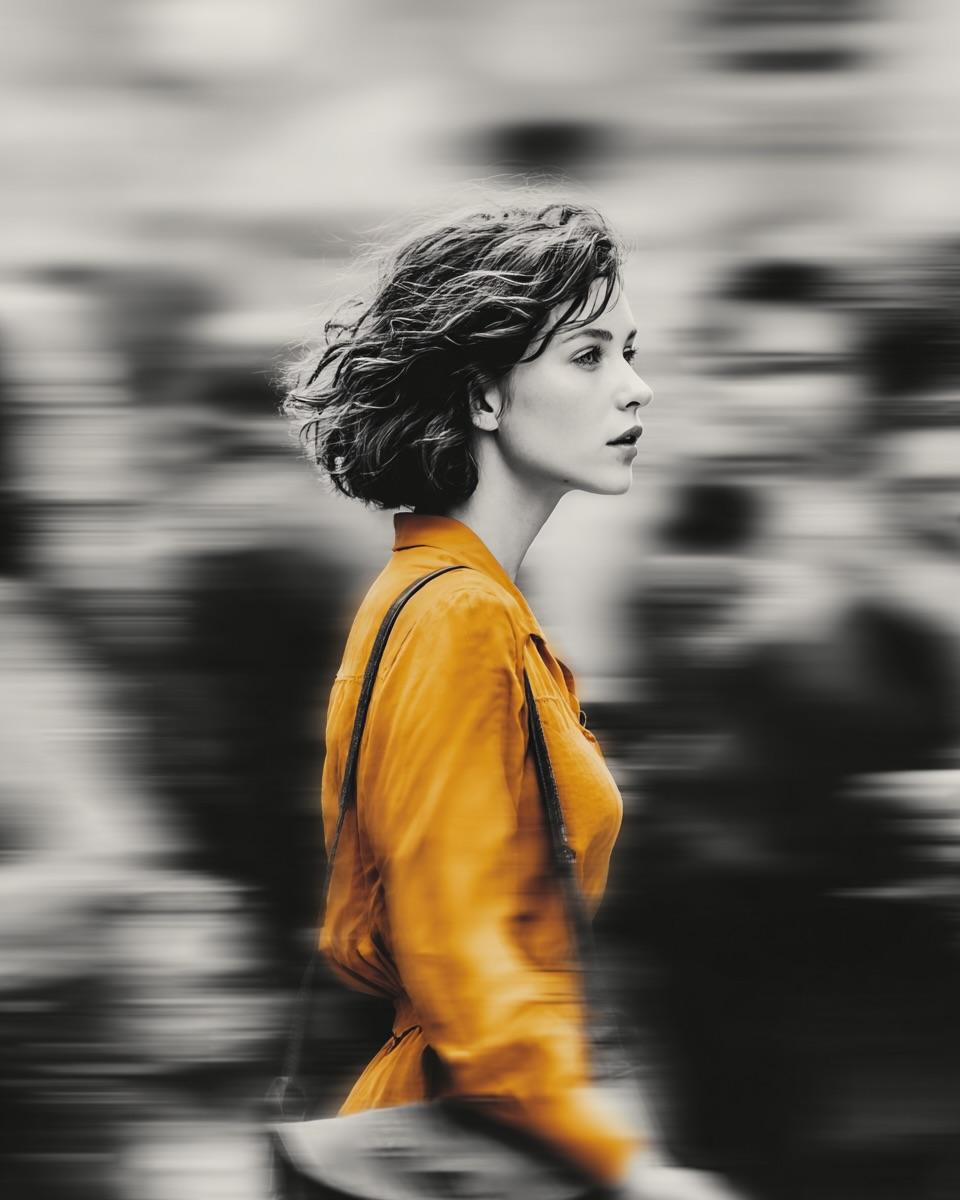 A cinematic street portrait of a beautiful young woman wearing a vibran…