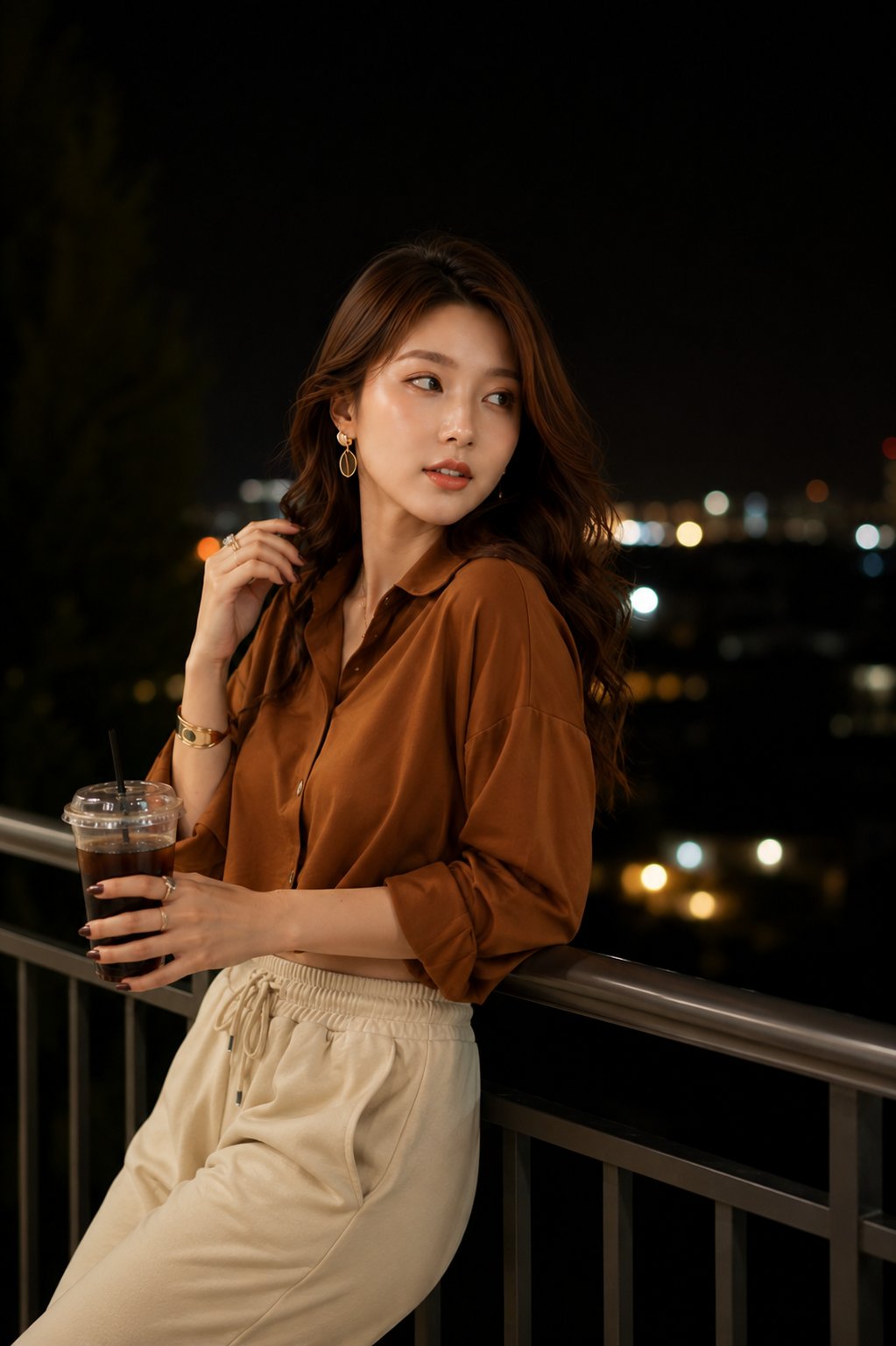 Ultra-realistic night portrait of a stylish young woman standing on a m…