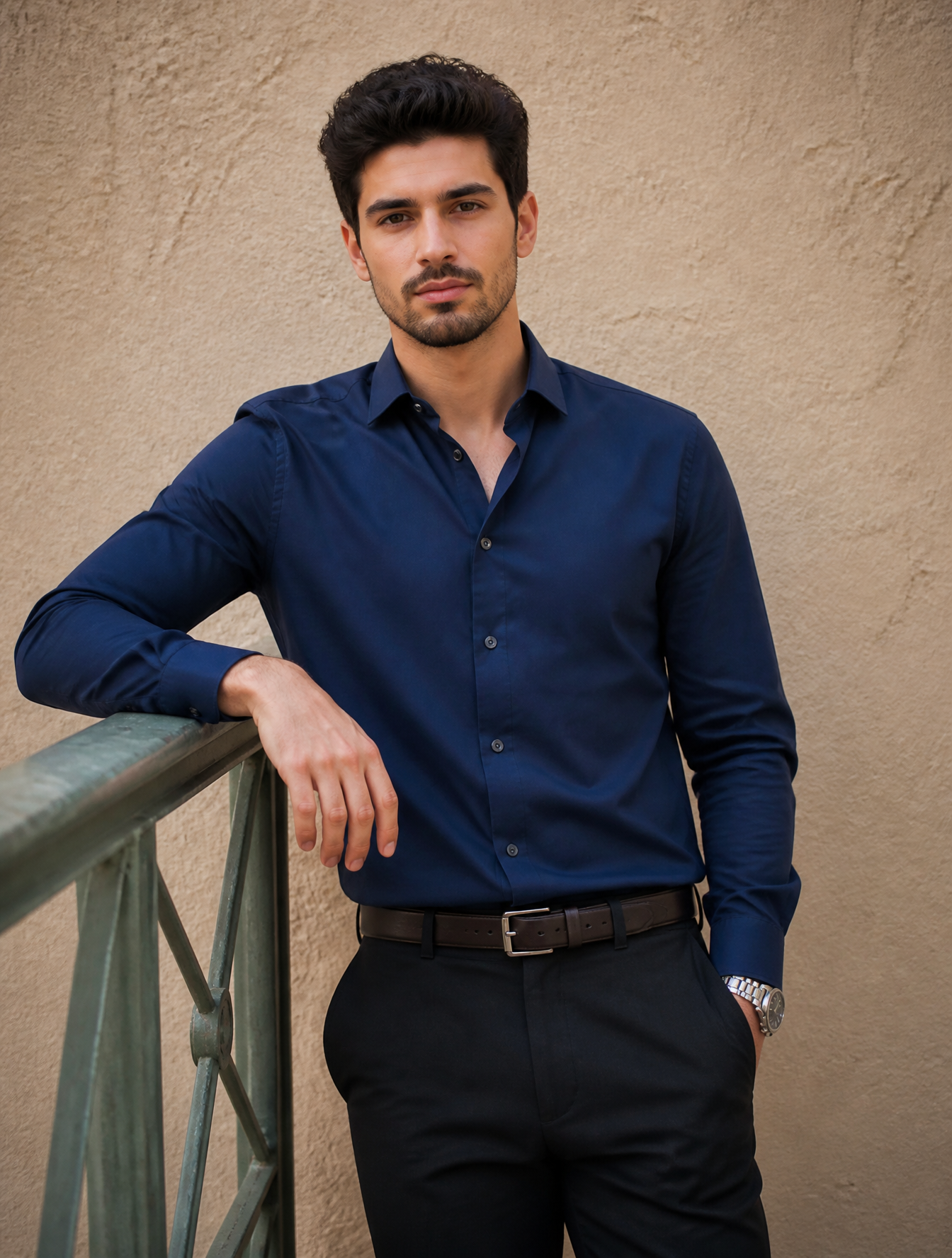 A young man with dark, styled hair and light stubble stands in a relaxe…