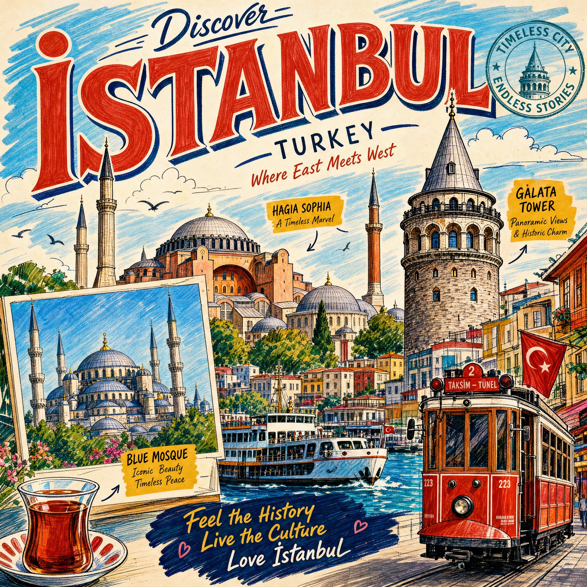 A tourist poster of [CITY / LOCATION] in vibrant marker art style, feat… 1